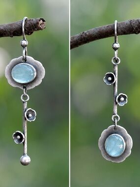 Boho Floral Dangle Earrings • Aqua Stone Artisan Earrings